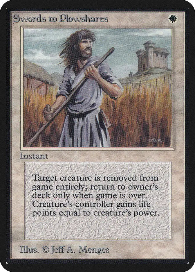 Trading card featuring artwork of a person with a scythe in a wheat field Alpha Edition