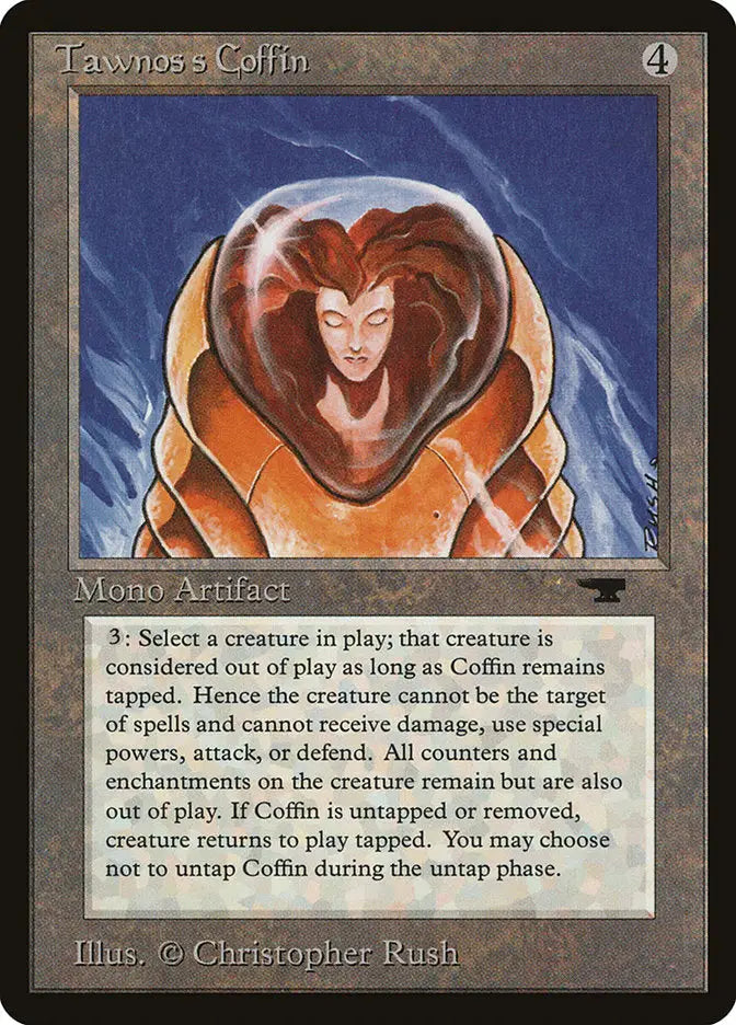 Golden Tawnos’s Coffin artifact with ghostly figure for Magic: the Gathering trading cards