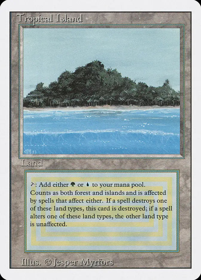 Tropical island scene from Magic: the Gathering Revised Edition trading cards
