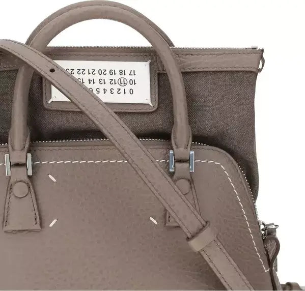 Taupe leather 5ac handbag with top handles and white contrast stitching by Maison Margiela