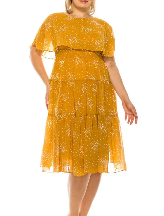 Maison Tara Golden Spice tiered chiffon day dress with floral pattern and flutter sleeves