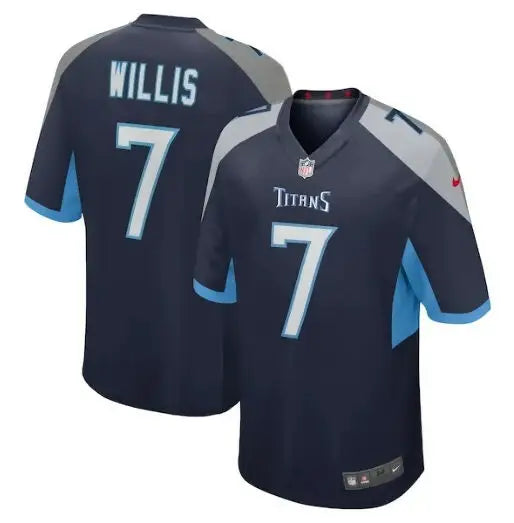 Navy blue Malik Willis Tennessee Titans Nike game jersey with Willis 7 on back and Titans 7 front
