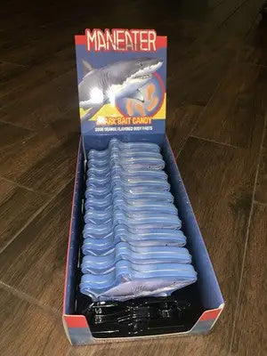 Box of maneater shark bait candy with shark-shaped candies in JAWS Shark Tins