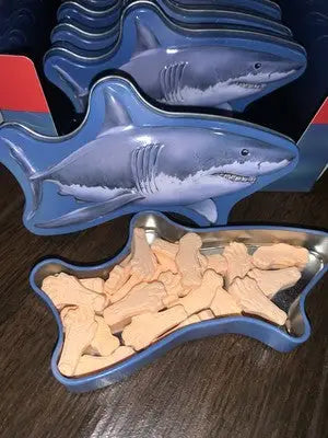 Shark-shaped candy tins filled with foot-shaped candies for Maneater Shark Bait Shark Bait Candy