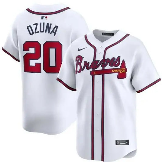 White Atlanta Braves Marcell Ozuna Nike Home Limited Player Jersey on display