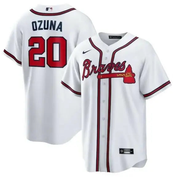 Atlanta Braves Marcell Ozuna white Nike home replica baseball jersey displayed
