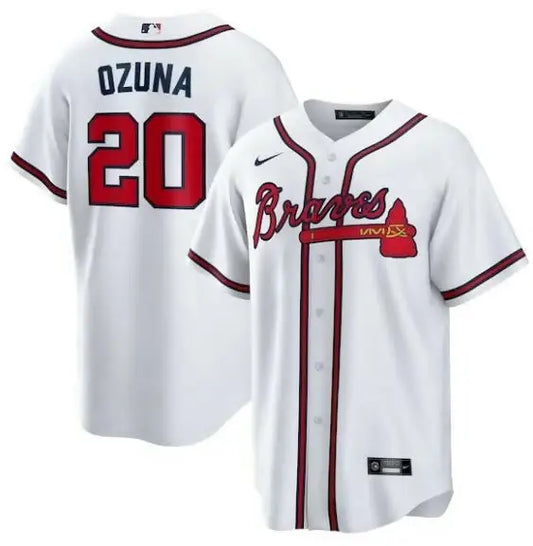 Atlanta Braves Marcell Ozuna white Nike home replica baseball jersey displayed