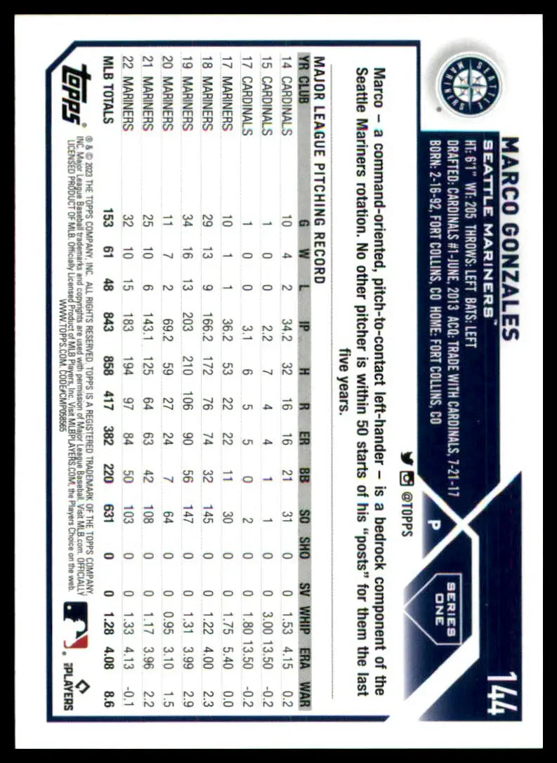 Marco Gonzales baseball card from 2023 Topps #144 Seattle Mariners collection
