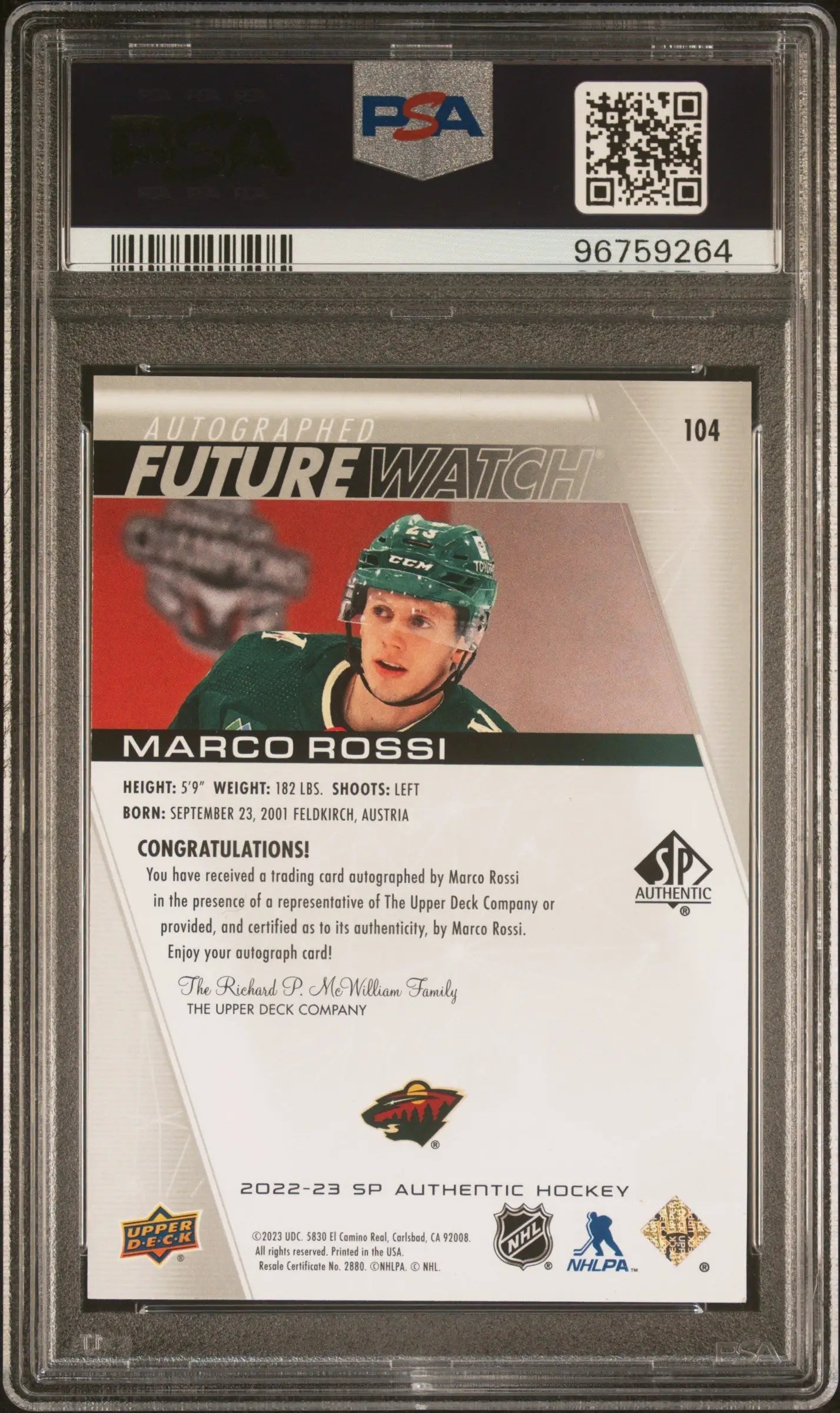 PSA-graded Marco Rossi 2022 Upper Deck SP Authentic Autograph Rookie in green jersey
