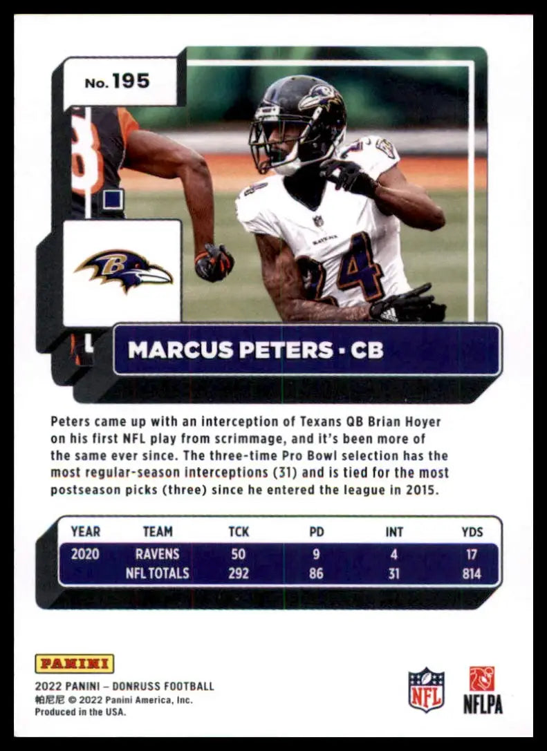 Marcus Peters 2022 Donruss football card featuring Baltimore Ravens player