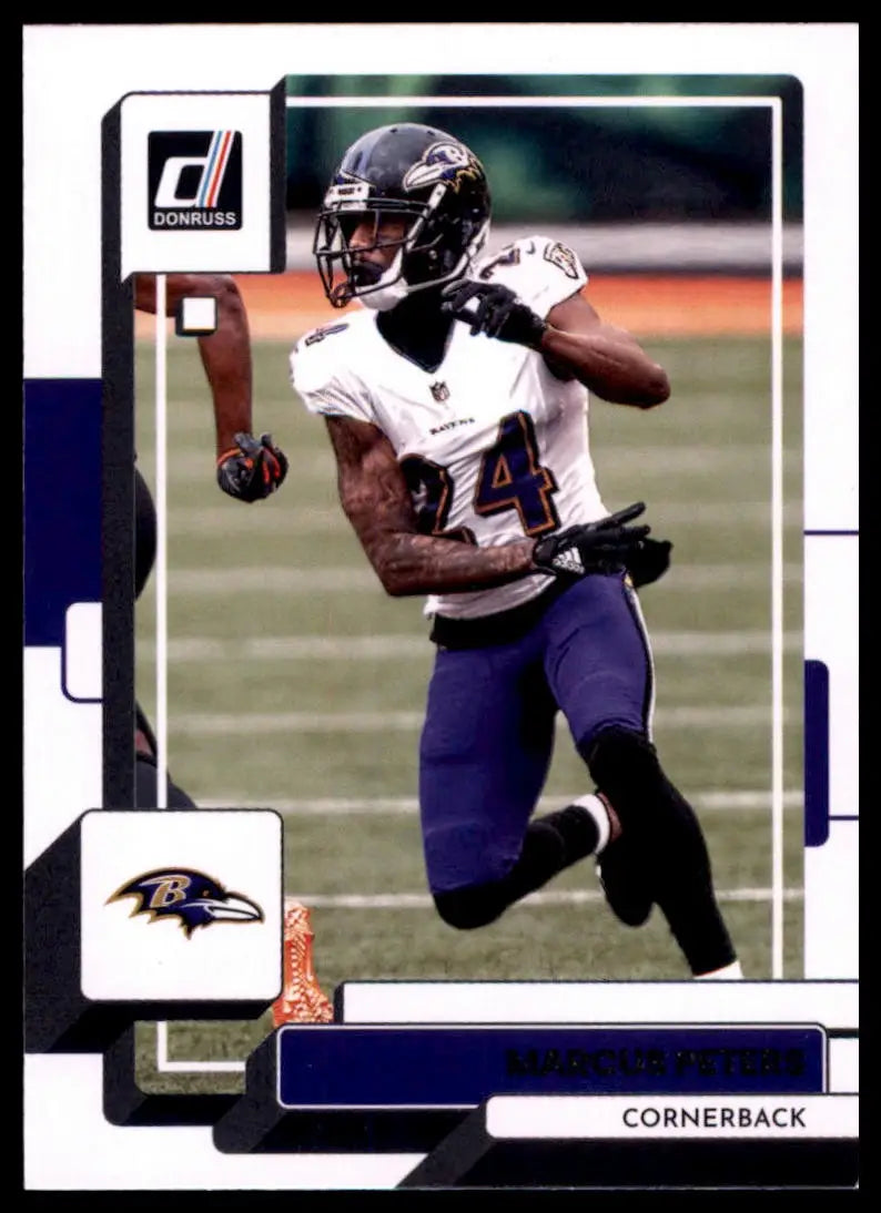 Football trading card featuring Marcus Peters from the 2022 Donruss Baltimore Ravens series