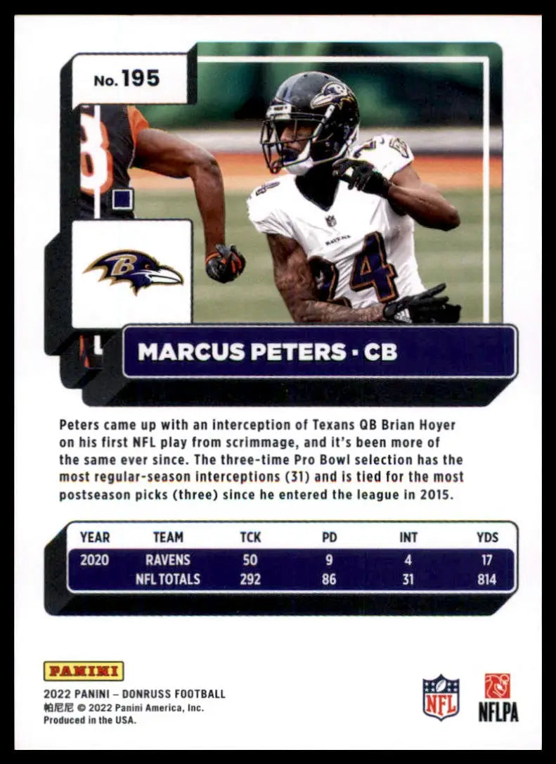 Marcus Peters football card from 2022 Donruss Baltimore Ravens series