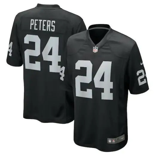 Black Marcus Peters Las Vegas Raiders jersey with Peters and 24 in white