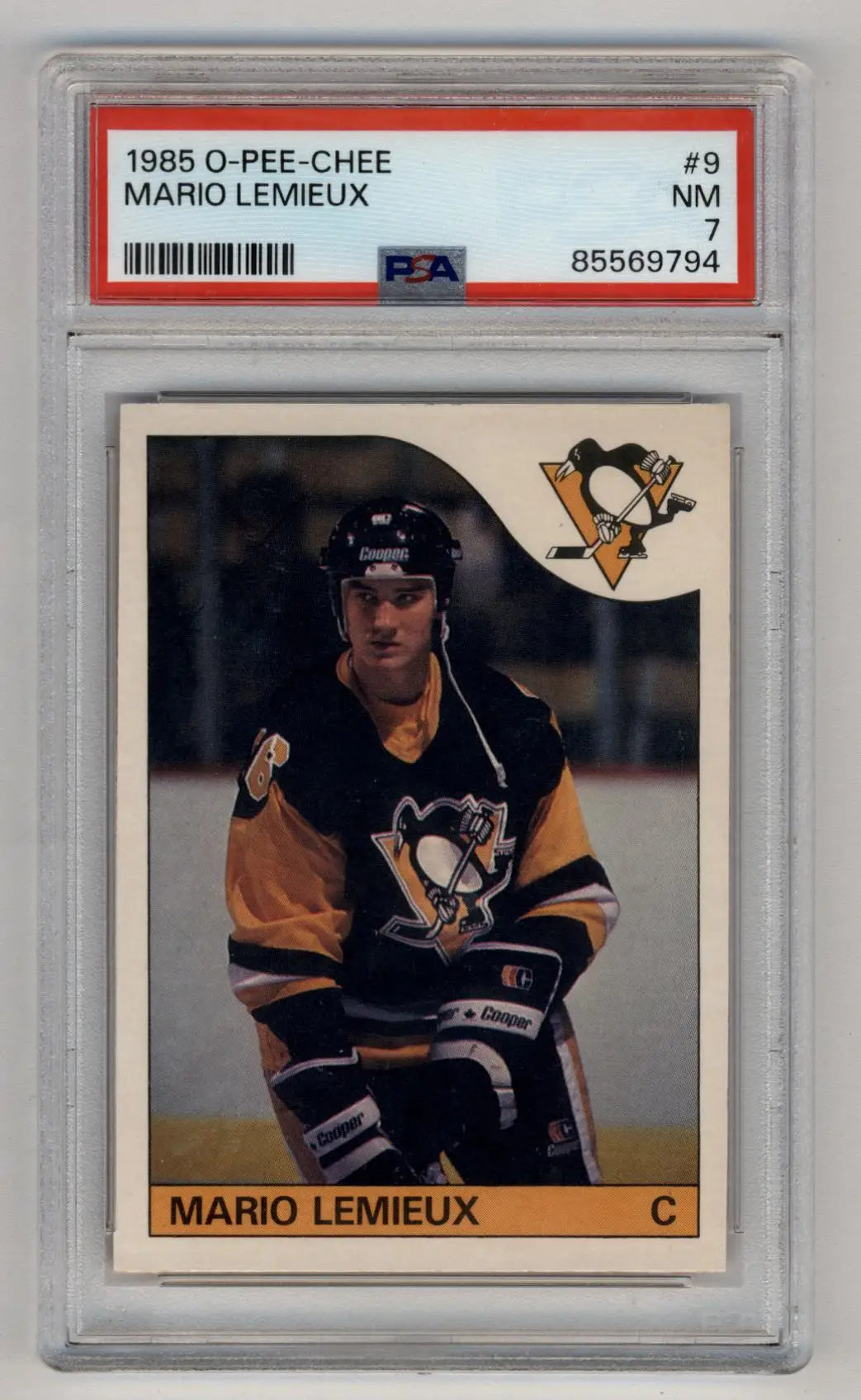 PSA graded 1985 O-Pee-Chee Mario Lemieux trading card in protective case