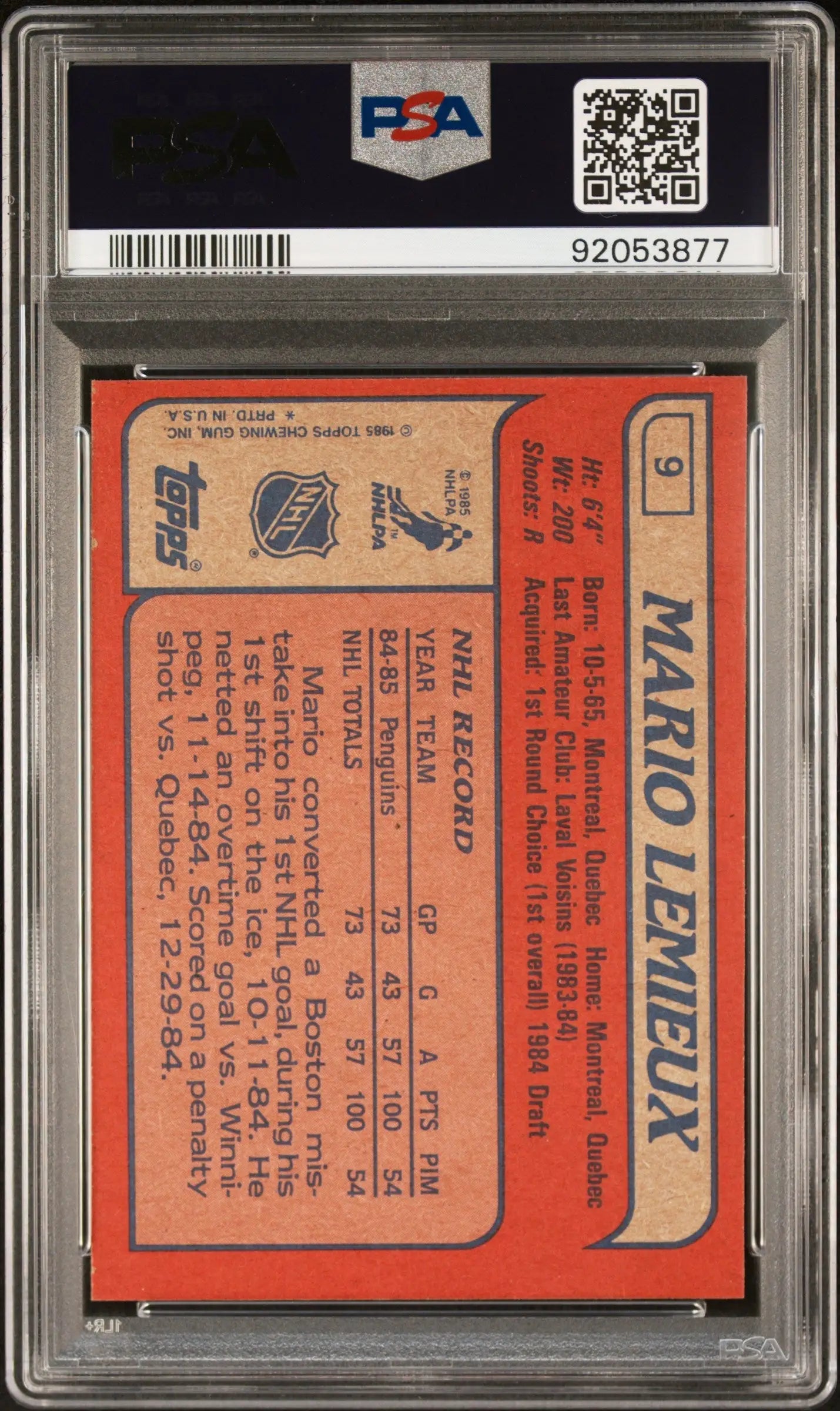 PSA-graded Mario Lemieux 1985 Topps #9 trading card in protective case