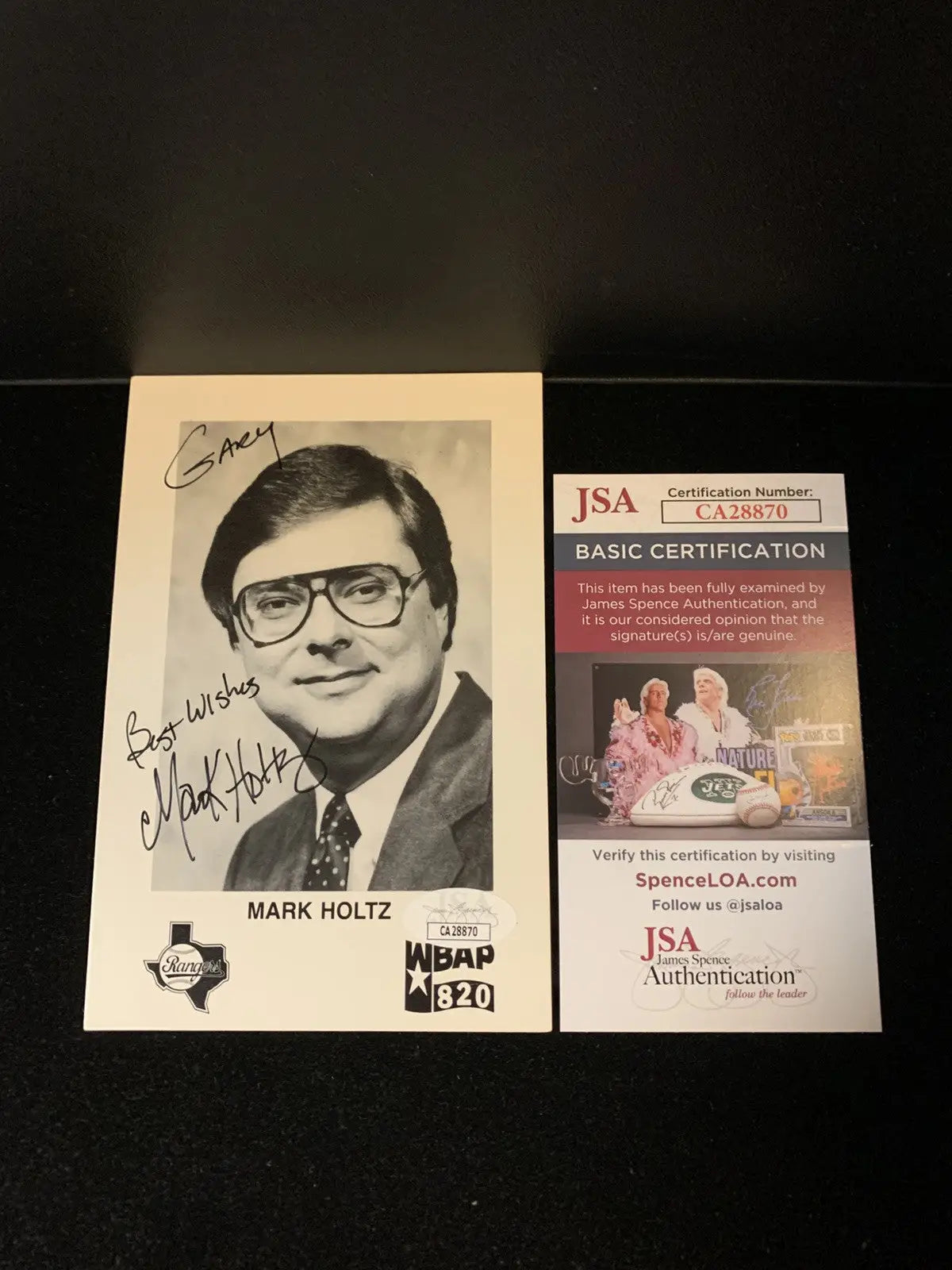 Autographed Mark Holtz 4x6 post card with JSA certification for Texas Rangers fans