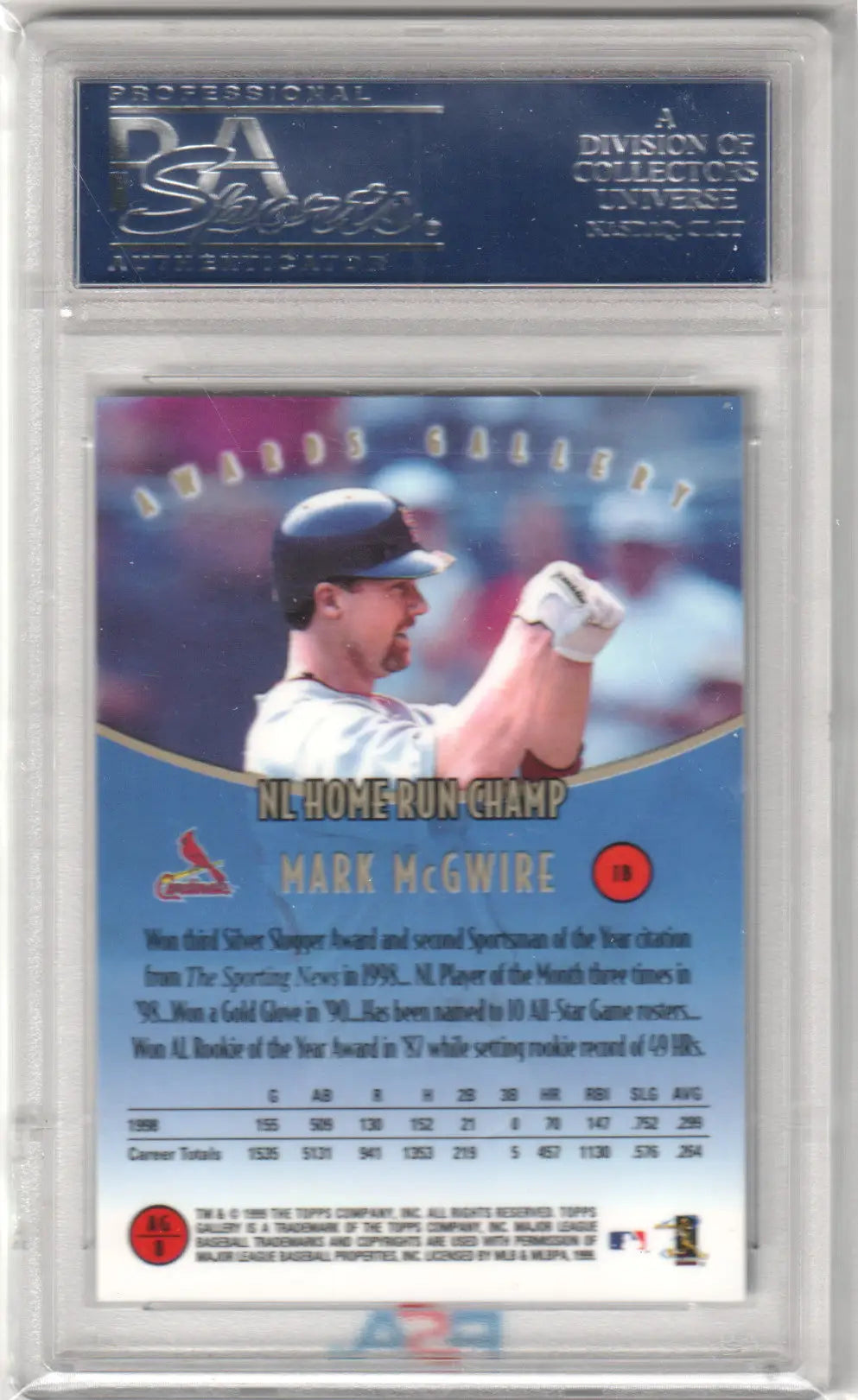 Encased Mark McGwire baseball card from Topps Gallery Awards PSA 10 GEM MINT