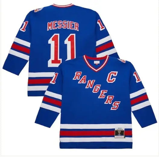 Royal blue New York Rangers hockey jersey with red and white trim and Messier 11 on back