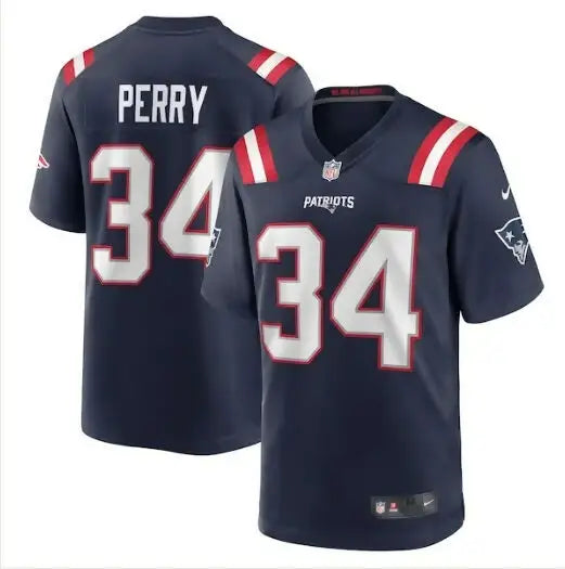 Dark blue Mark Perry New England Patriots Nike Game Jersey with number 34 and PERRY on back
