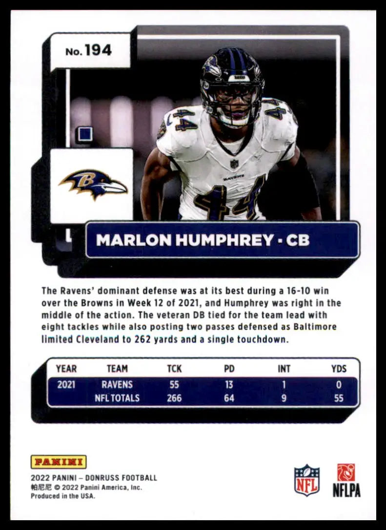 Marlon Humphrey football card from 2022 Donruss Ravens collection