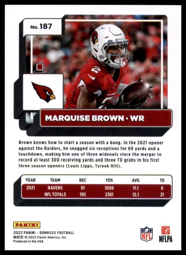 Marquise Brown football card from 2022 Donruss series featuring Arizona Cardinals player