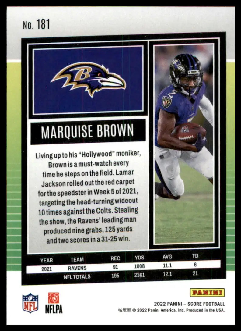 Marquise Brown football card from 2022 Score #181 Baltimore Ravens collectible