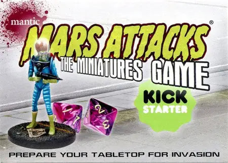 Mars Attacks: The Miniatures Game box art with alien figure and dice for trading cards