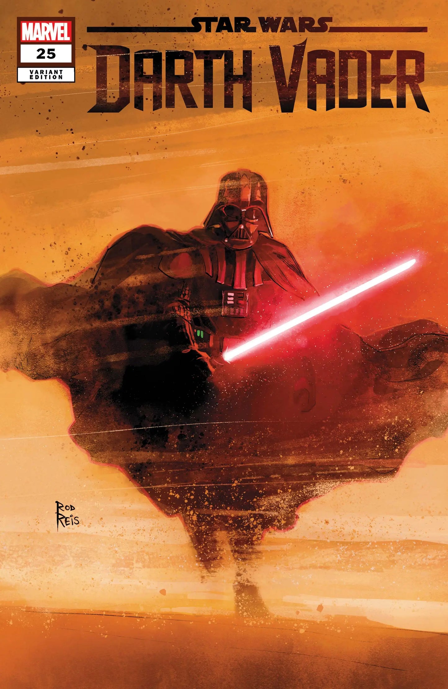 Dark armored figure wielding a red lightsaber in Marvel Comics: Star Wars Darth Vader variant edition