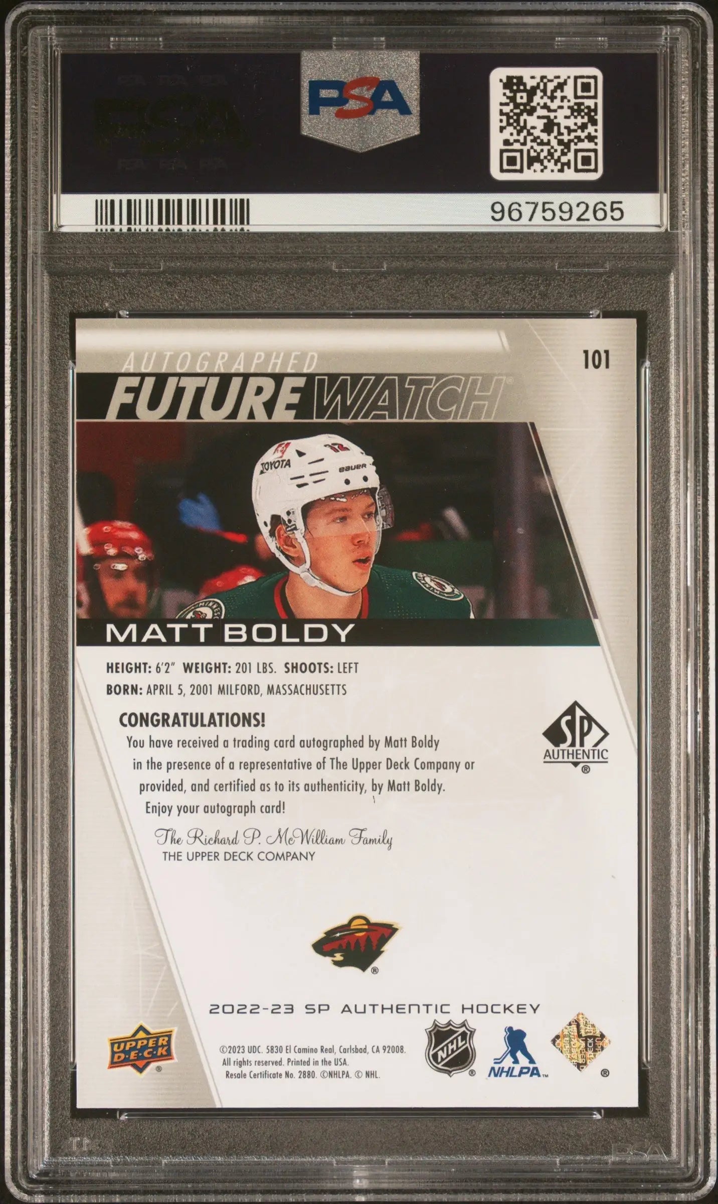 PSA-graded hockey card of Matt Boldy from 2022 Upper Deck SP Authentic Autograph Rookie