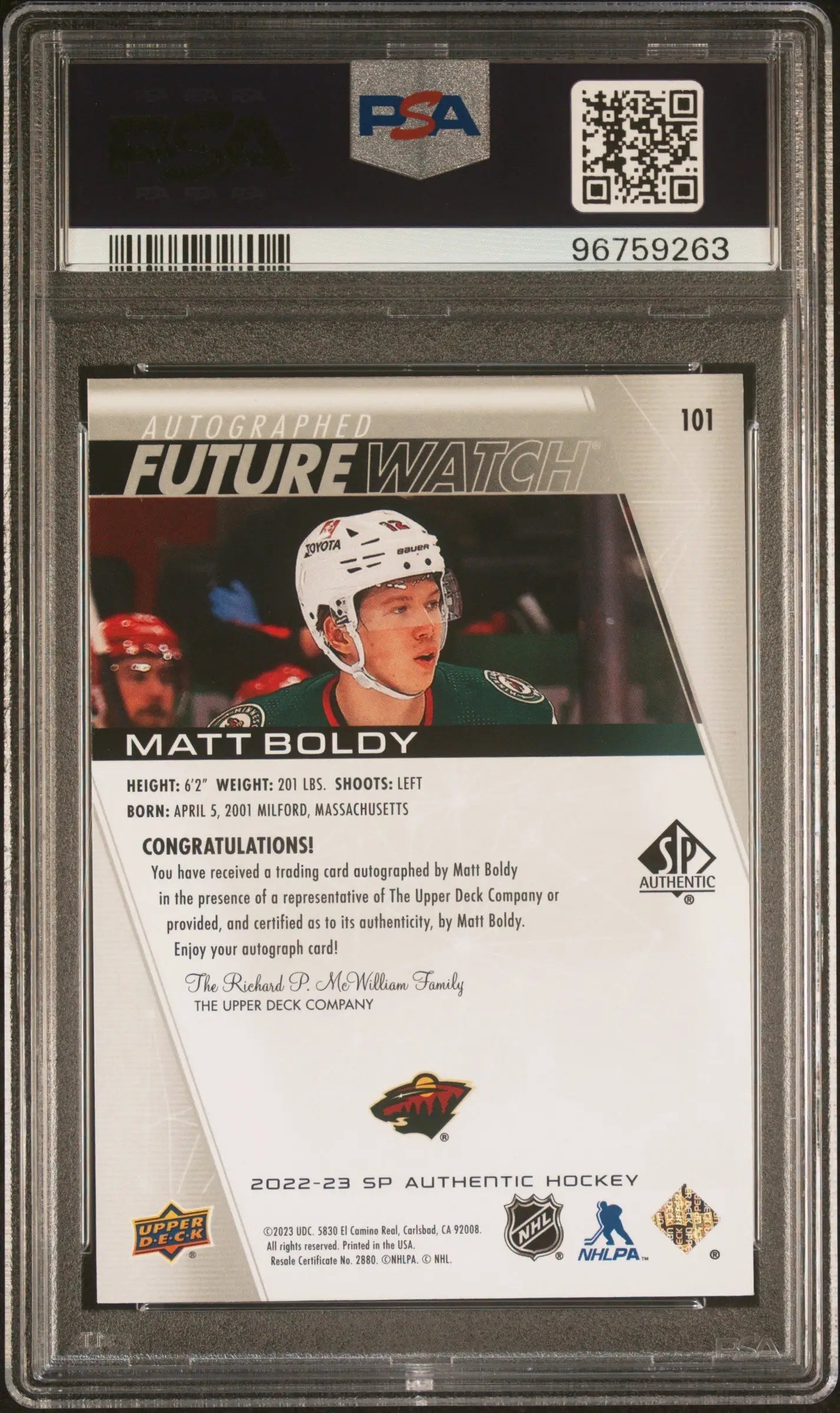 Matt Boldy 2022 Upper Deck SP Authentic Inscribed Autograph Rookie #748/999 PSA 9 Auto 10 - Singles