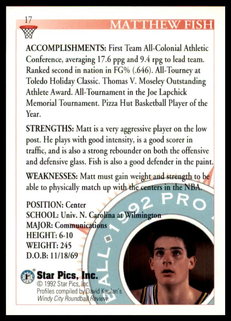 Matt Fish basketball card from 1992 Star Pics series featuring UNC Wilmington Seahawks