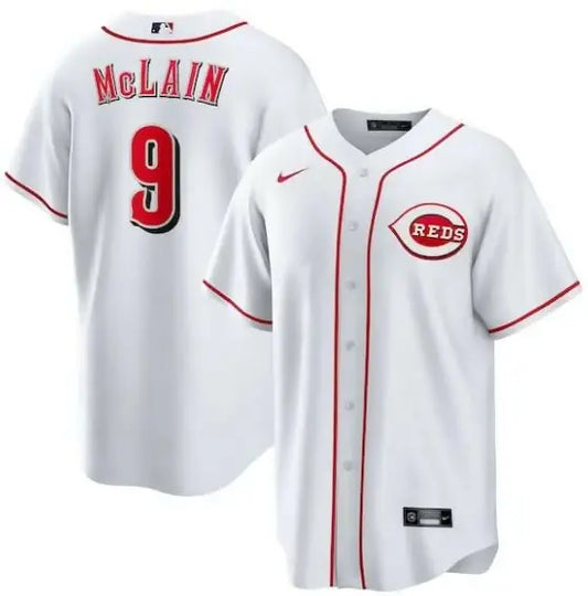 White Cincinnati Reds baseball jersey featuring Matt McLain Nike Home Replica design