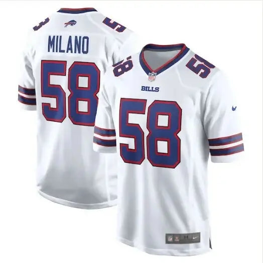 White Buffalo Bills Matt Milano Nike Away Game Jersey with number 58 and MILANO on back