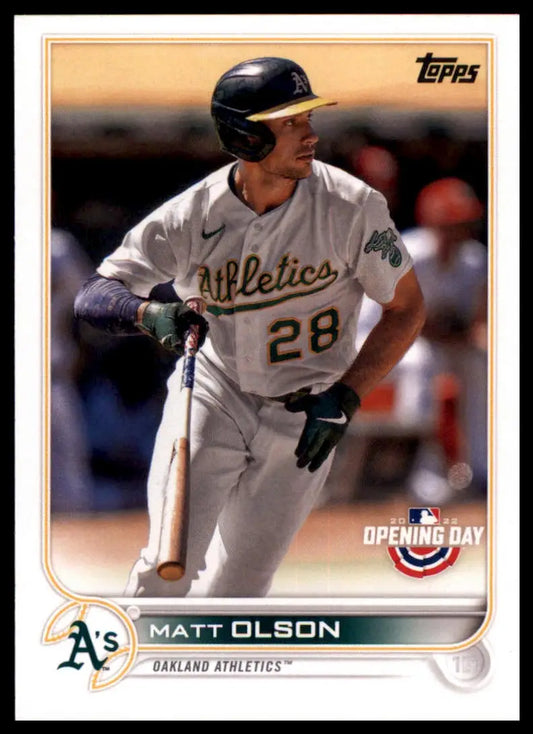 Matt Olson 2022 Topps Opening Day baseball card featuring Oakland Athletics player