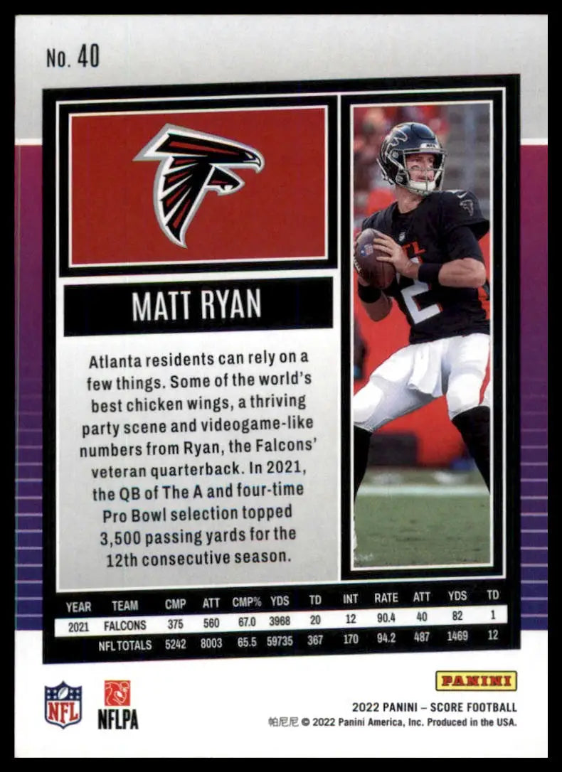 Matt Ryan football card from 2022 Score series featuring Atlanta Falcons player
