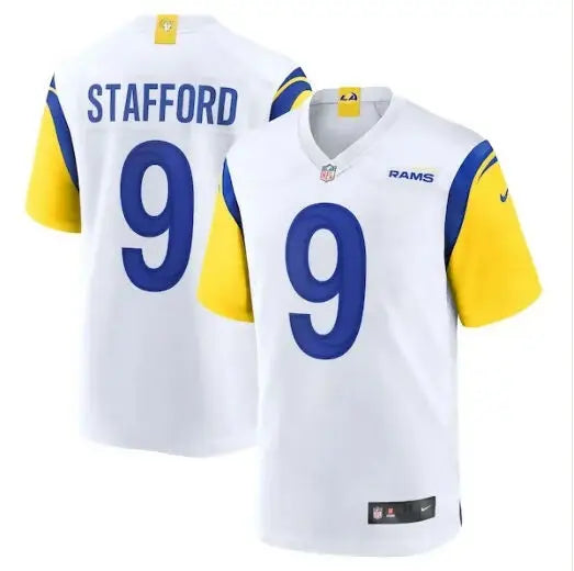 White Los Angeles Rams NFL jersey with blue number 9 and yellow sleeves for Matthew Stafford