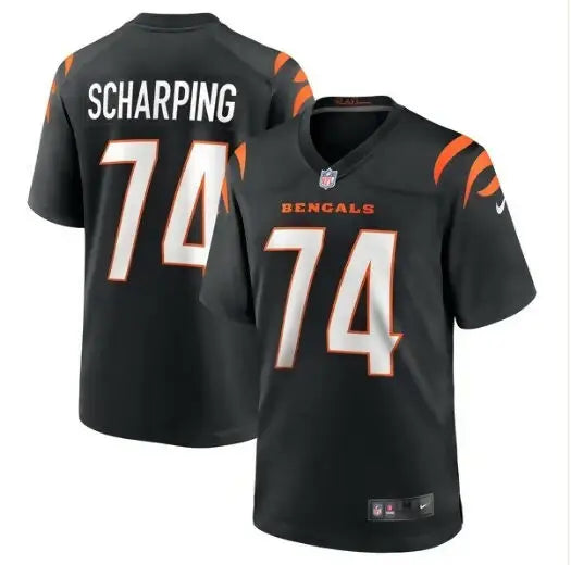 Black Cincinnati Bengals Max Scharping football jersey with number 74 and player name on back