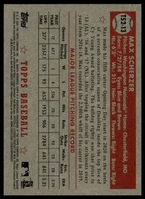Max Scherzer 2021 Topps 1952 Topps Redux card back with player stats and content