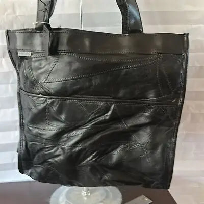 Maxam Black leather tote bag with patchwork design and top handles for women