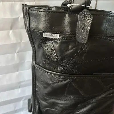Maxam Black leather tote bag with patchwork design and genuine leather tag for women