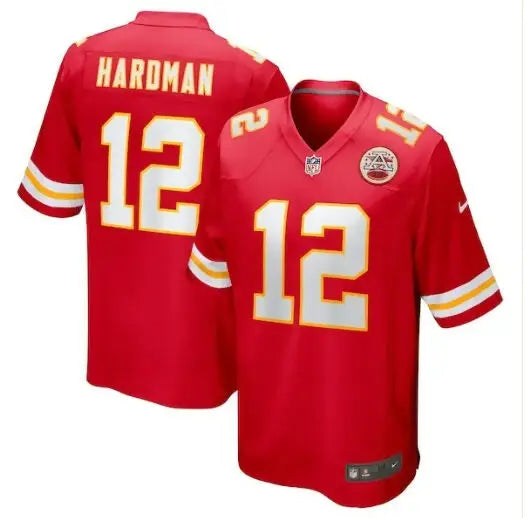Red Mecole Hardman Kansas City Chiefs football jersey with number 12 for Kansas City Chiefs fans
