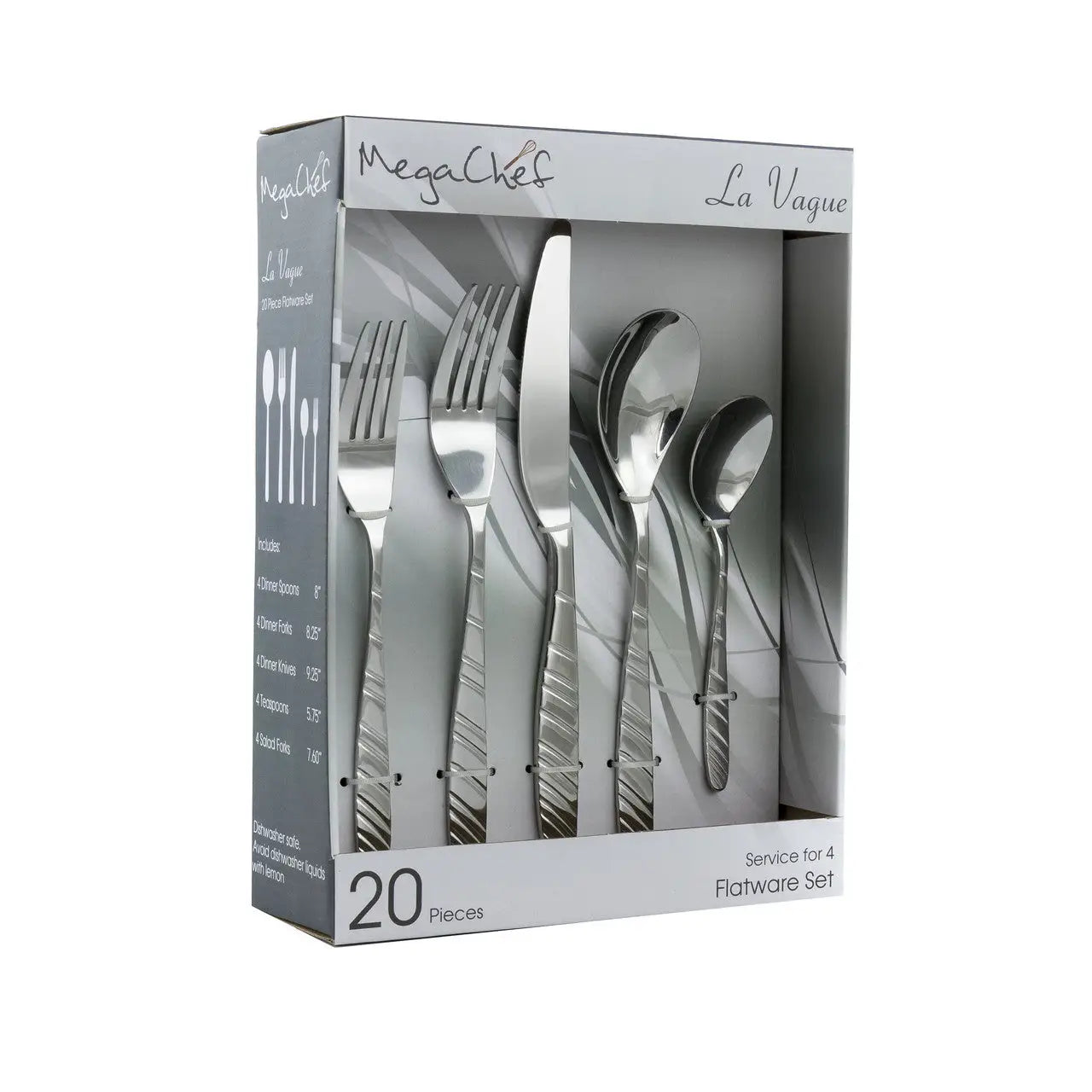 MegaChef La Vague 20 Pcs Flatware Utensil Set Stainless Steel Silverware Metal Service for 4 in Si - Cutlery & Flatware
