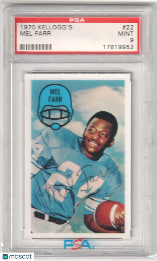 PSA-graded 1970 Kellogg’s Mel Farr football card Mint 9 from Columbia Hobby
