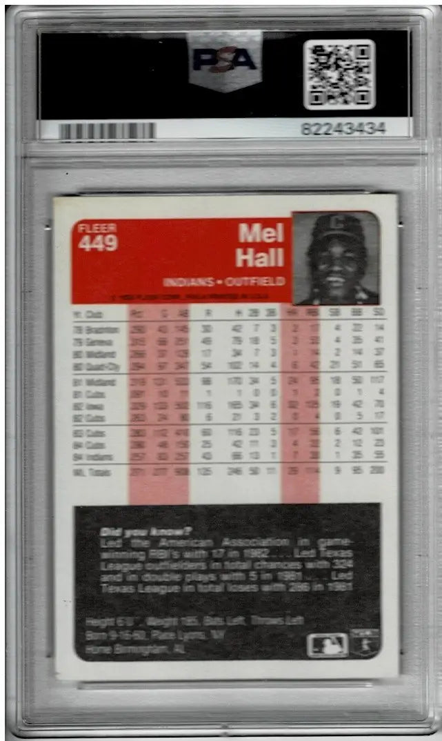 Graded 1989 Fleer Mel Hall baseball card featuring Cleveland Indians autograph PSA DNA 8
