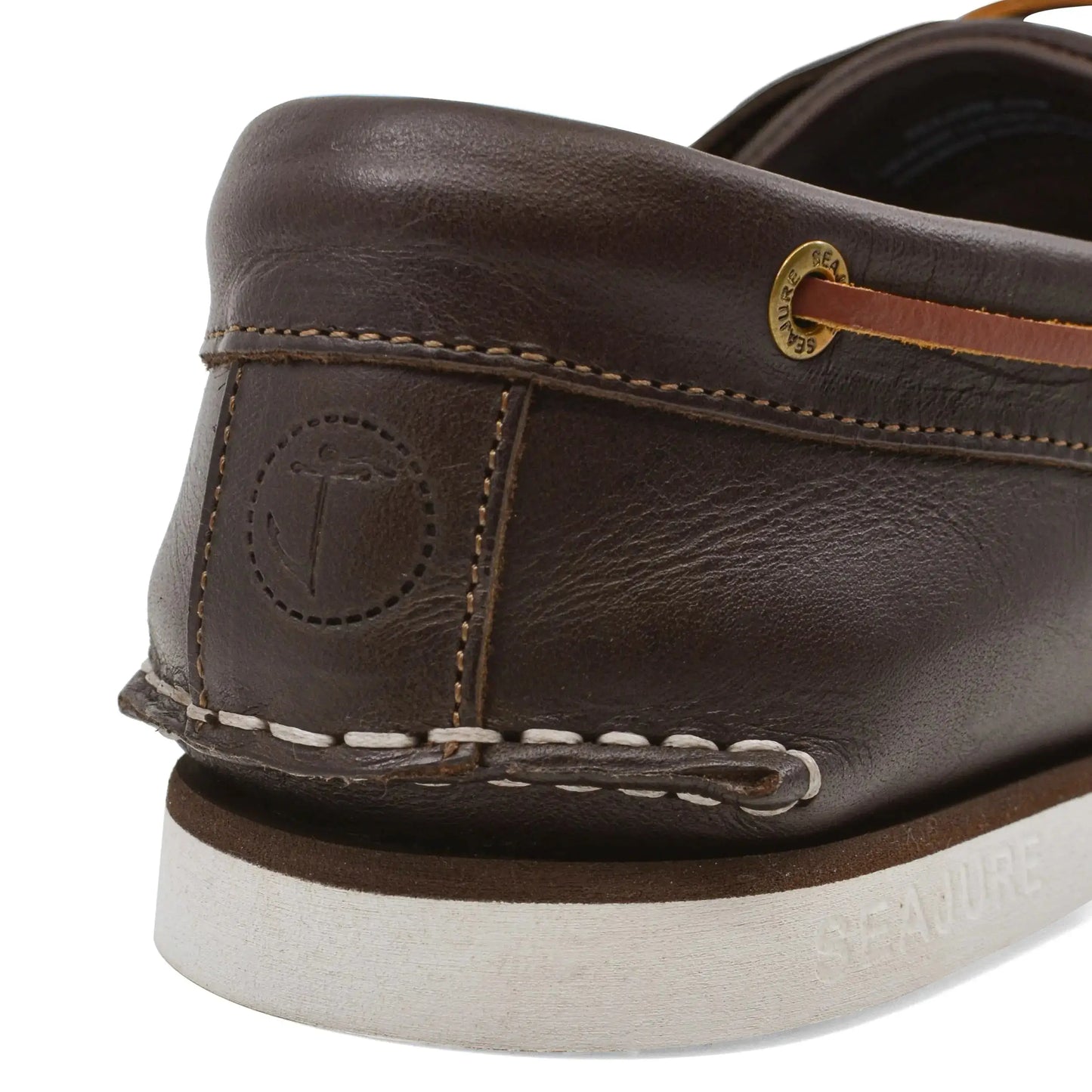 Dark brown Men Boat Shoe Forvie with white stitching, white sole, high quality natural rubber