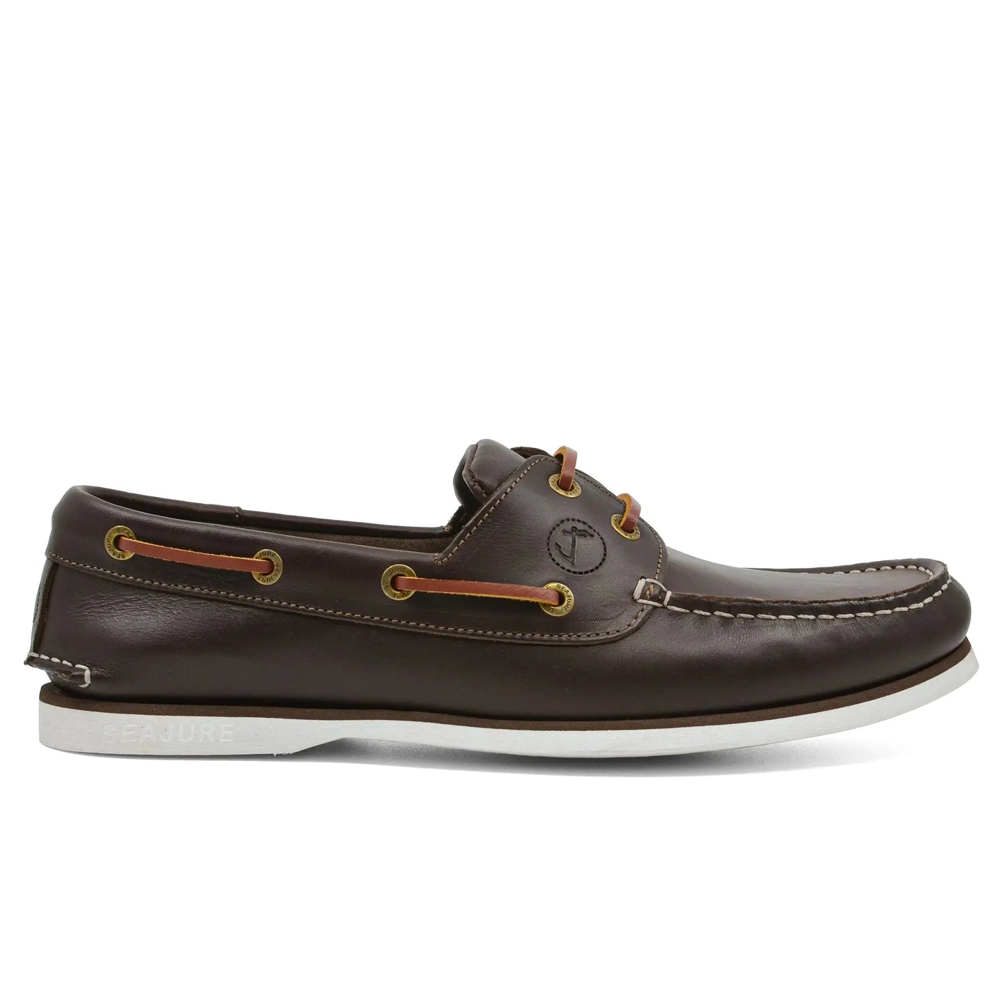 Men boat shoe Forvie in dark brown leather with white stitching and natural rubber sole
