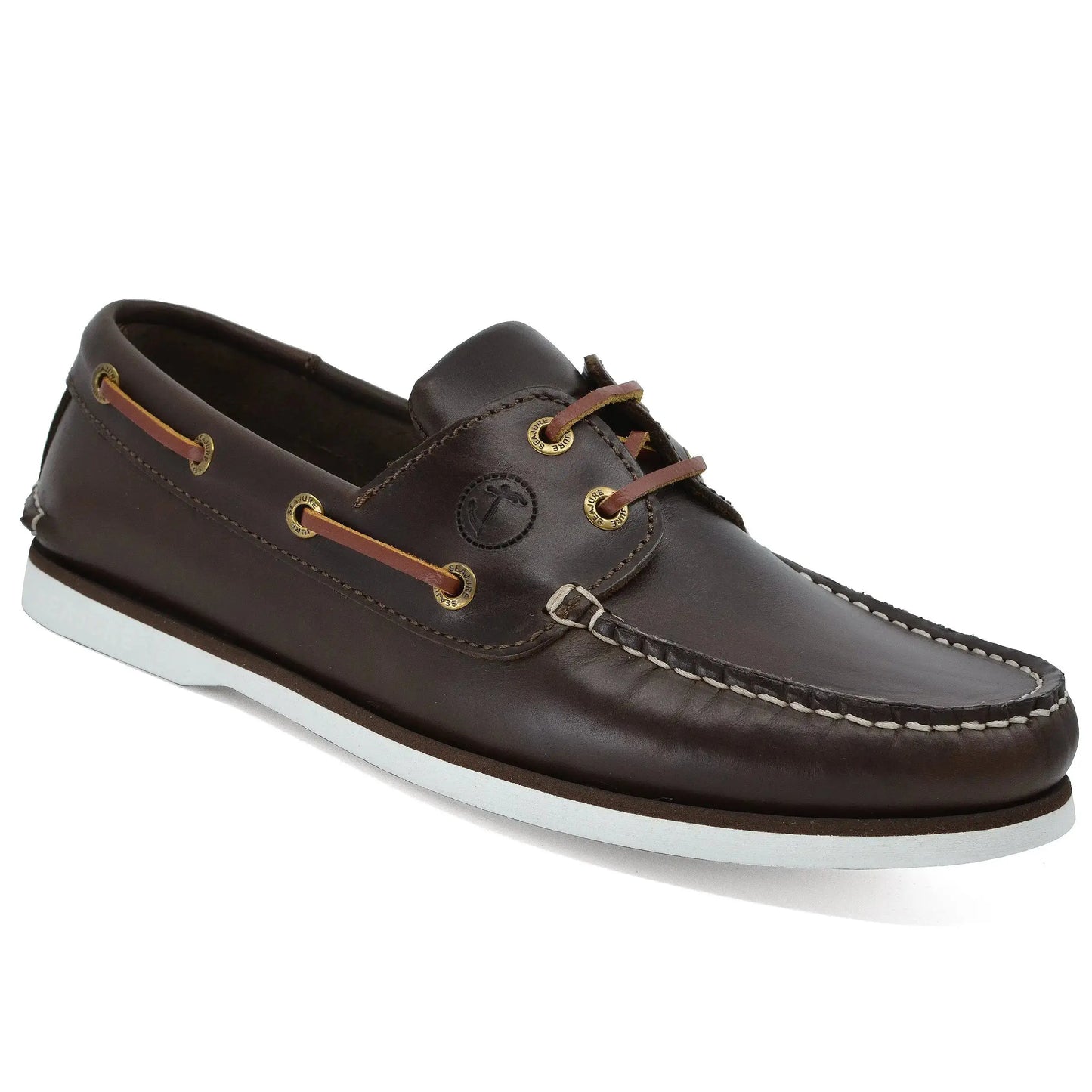 Men boat shoe Forvie in dark brown leather with white sole and tan laces, high quality