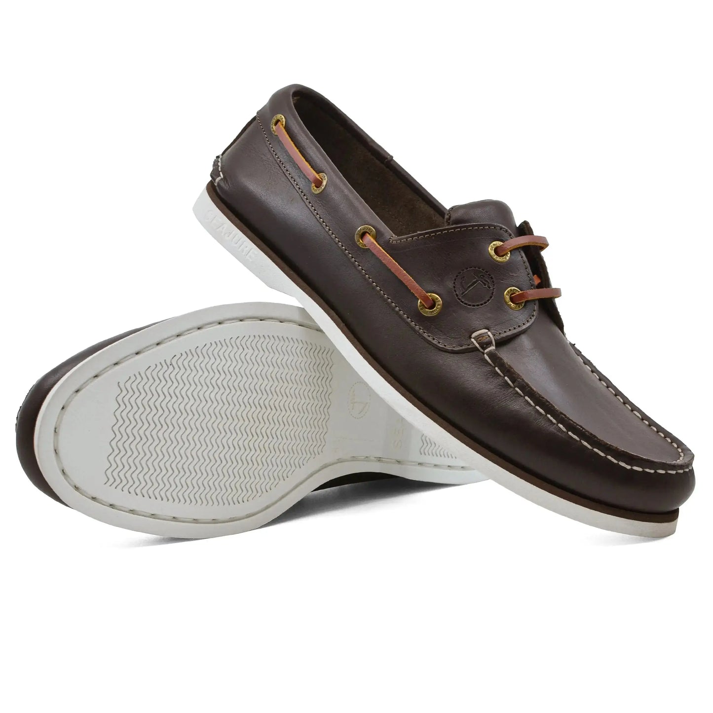High quality Men Boat Shoe Forvie with dark brown leather, tan laces, and white soles