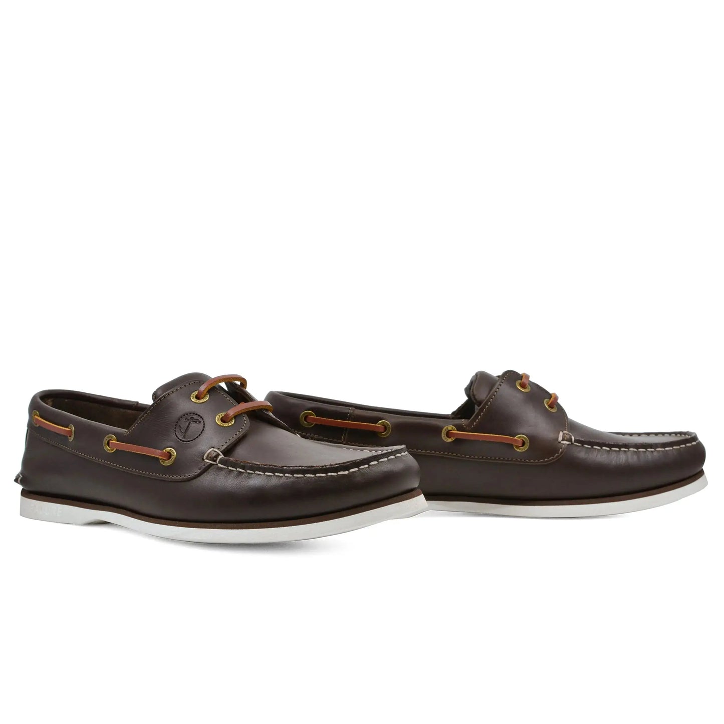 Men boat shoe Forvie in dark brown leather with white soles, tan laces, made with natural rubber