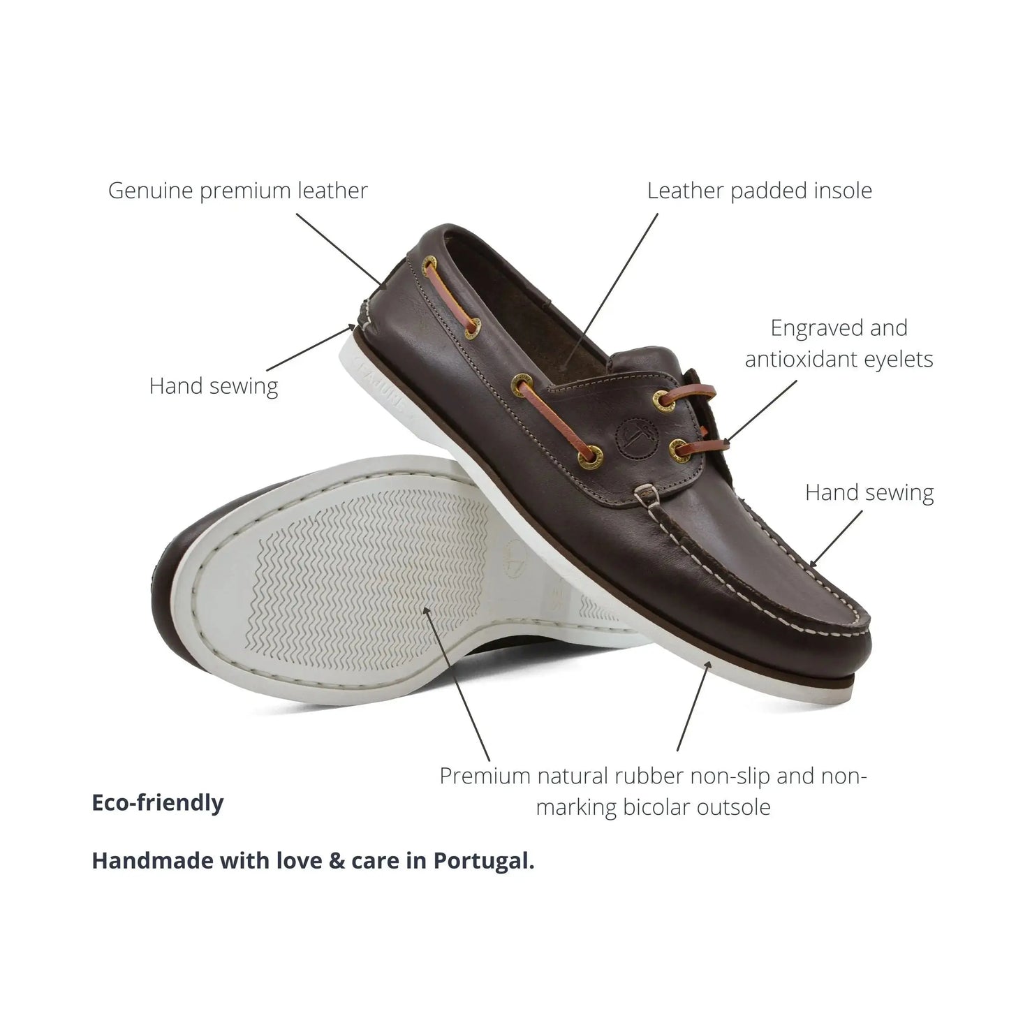 Men boat shoe Forvie with dark brown leather, light brown laces, white stitching, and non-slip outsole highlighting high quality materials